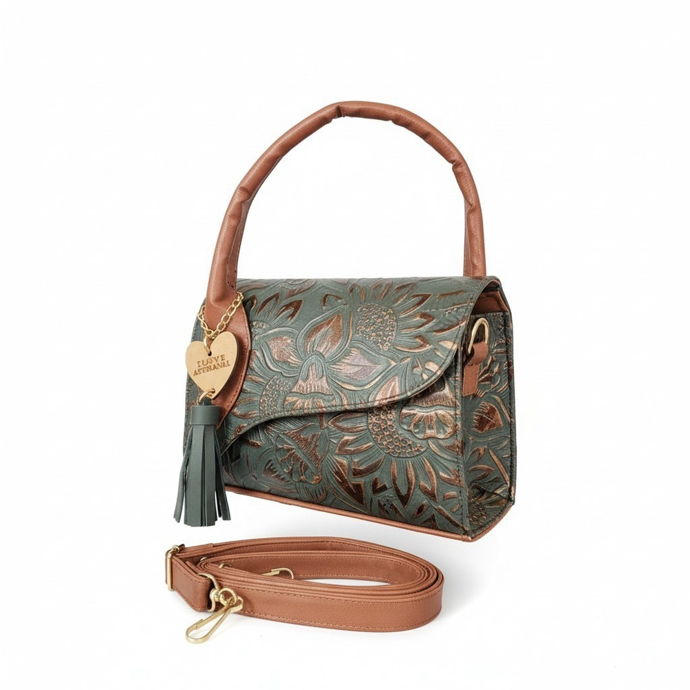 Forest Green Sunflower Embossed Tooled Artisan LEATHER Crossbody Bag Purse